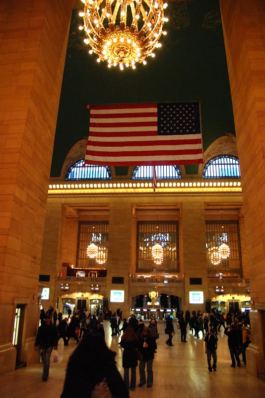 04 New York City Grand Central Terminal Main Concourse Entrance With Chandeliers And American Flag